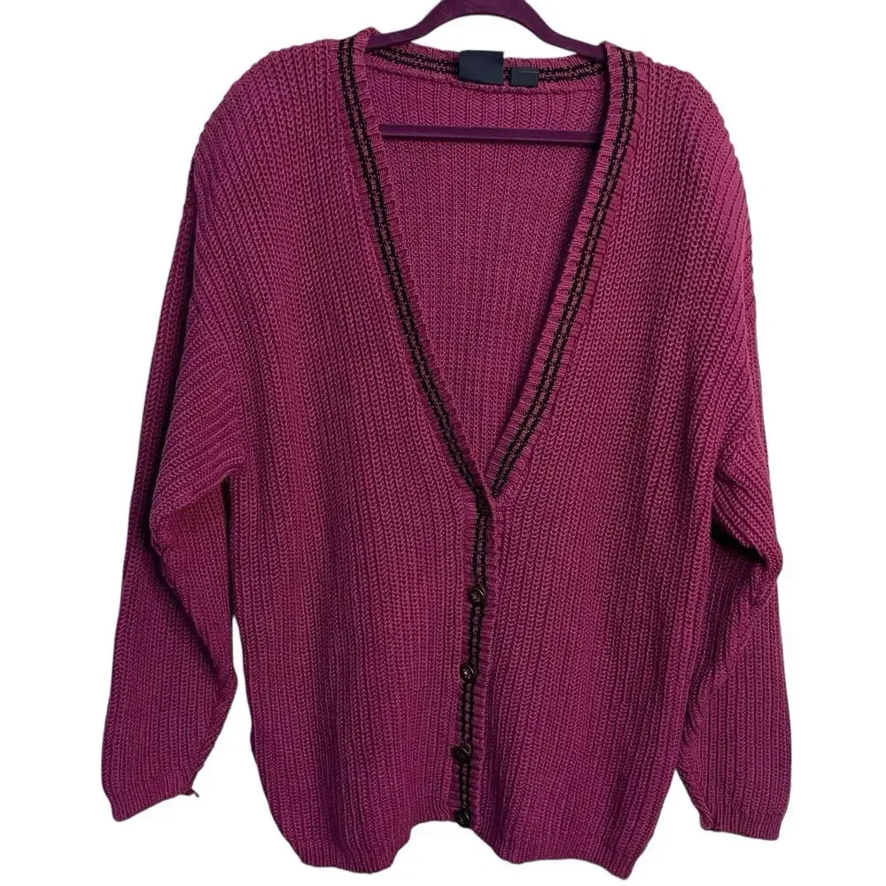 VTG Dockers Levi's Chunky Ribbed Knit Cardigan Women's M Purple Preppy Oversized